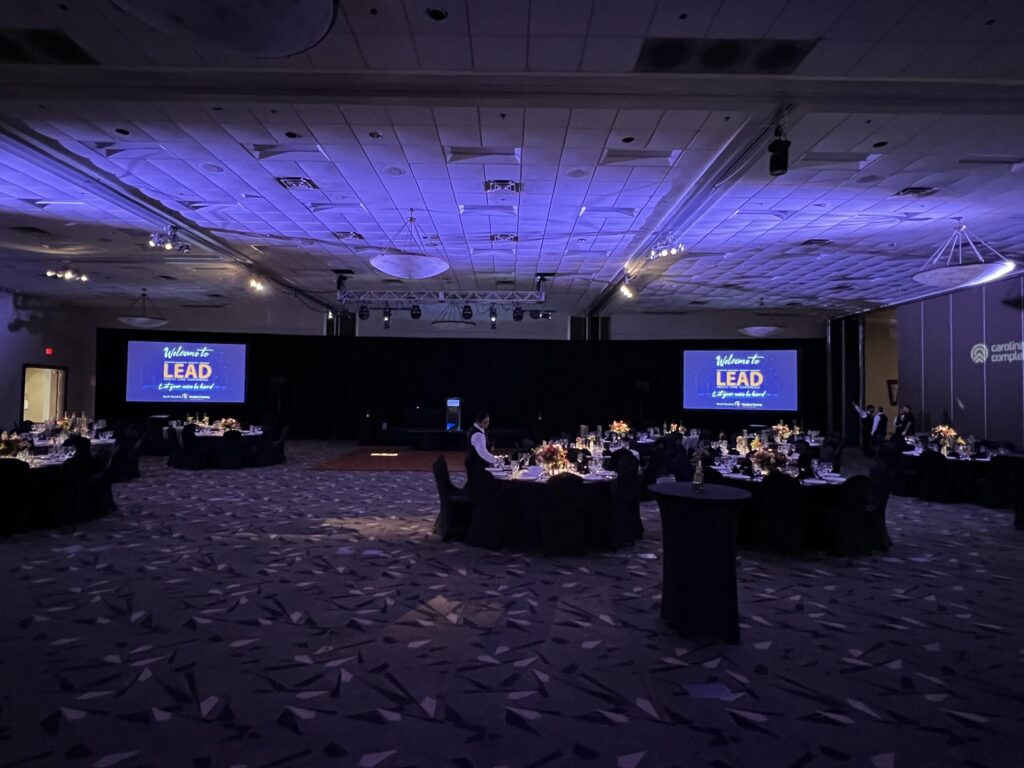 Beautiful Velour backdrop with two screens and staging