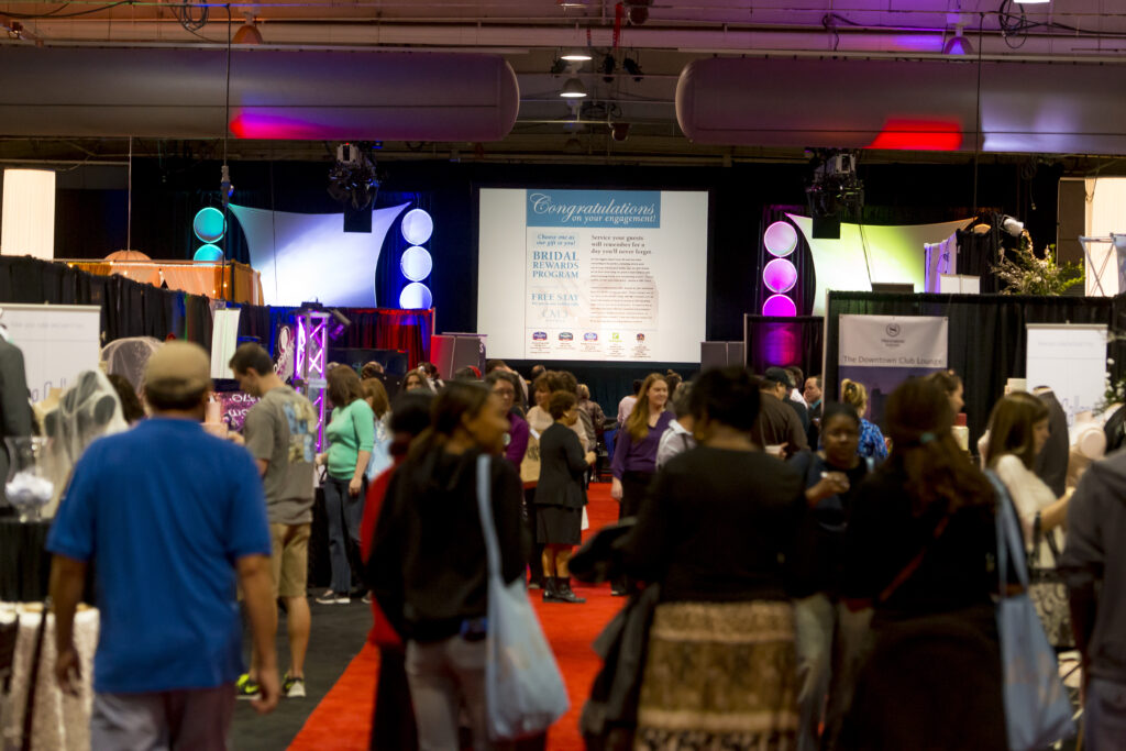 Full stage configuration with Scenic Elements, gobos, lighting and audio at the Raleigh Wedding Show